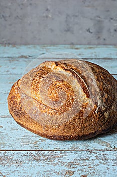 Fresh homemade sourdough bread with whole grain flour on a gray-blue background.