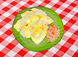 Fresh Homemade Sri Lankan Cassava Or Manioc With Onion & Coconut Sambol