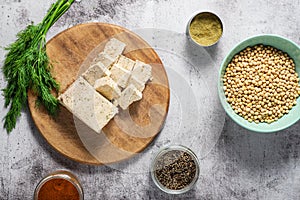 Fresh homemade tofu with ingredients around