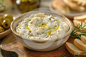 Fresh Homemade Tzatziki Sauce in Ceramic Bowl Drizzled with Olive Oil, Garnished with Dill, Served with Pita Bread and Olives on