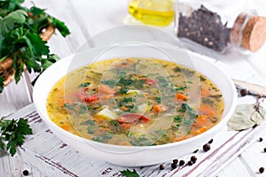 Fresh homemade vegetable soup with egg