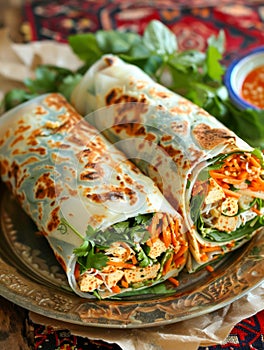 Fresh Homemade Vegetarian Spring Rolls with Carrot, Lettuce, Cucumber, Noodles, and Herbs on Rustic Plate with Sweet Chili Sauce