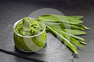 Fresh homemade wild garlic, bear garlic, allium ursinum pesto