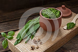 Fresh homemade wild garlic, bear garlic, allium ursinum pesto