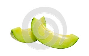Fresh honeydew fruit slice two piece. Melon peel grunge texture isolated on white background with clipping path. sweet dessert jui