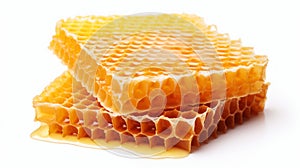 Fresh honeycomb pieces with dripping golden honey, isolated on white background. Concept of organic food, natural