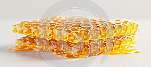 Fresh honeycomb pieces with dripping honey, isolated on white background. Concept of organic food, natural sweetener