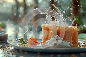 Fresh Honeycomb Pieces on Plate with Honey Splash and Natural Backlighting in a Rustic Setting photo