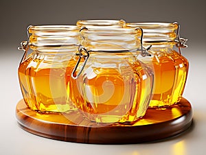 Fresh honeycombs in glass jar. Liquid honey with honeycomb and honey dipper in glass jug