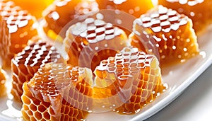 Fresh honeycombs with honey on a white plate, isolated on a white background,