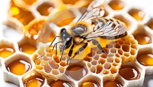 Fresh honeycombs with honey on a white plate, isolated on a white background,