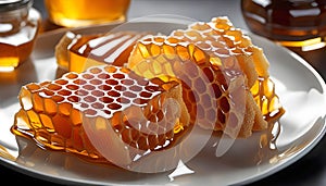 Fresh honeycombs with honey on a white plate, isolated on a white background,