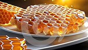 Fresh honeycombs with honey on a white plate, isolated on a white background,