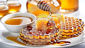 Fresh honeycombs with honey on a white plate, isolated on a white background,