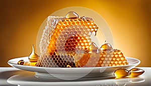 Fresh honeycombs with honey on a white plate, isolated on a white background,