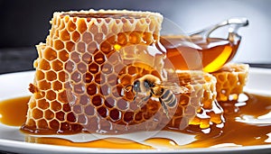 Fresh honeycombs with honey on a white plate, isolated on a white background,