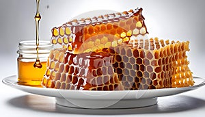 Fresh honeycombs with honey on a white plate, isolated on a white background,