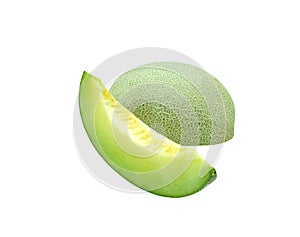 Fresh honeydew fruit slice to piece. Melon peel grunge texture isolated on white background with clipping path. sweet dessert juic