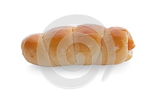 Fresh hot crusty bread rolls. Sausages in dough an isolated.clipping path