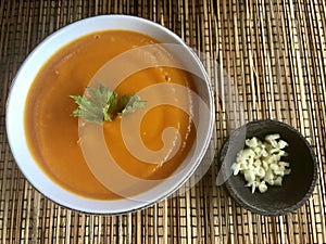 Fresh hot Pumpkin Soup . Fresh garlic and Parsley