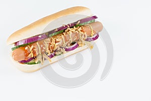 Fresh hotdog with sausage, onions, cucumbers, ketchup and mustard isolated on white