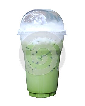 Fresh Iced Matcha green tea latte with milk foam in tall plastic glass isolated on white background