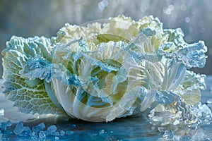 Fresh Icy Cabbage Head in a Frosted Blue Wintry Setting, Crisp Vegetable on Ice with Cold Ethereal Atmosphere