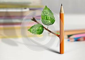 Fresh idea creative concept, pencil with leaves on table