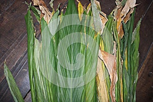 Fresh Indian termic leaf with wooden background.