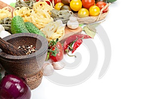 Fresh ingredients for cooking: pasta, tomato, cucumber, mushroom