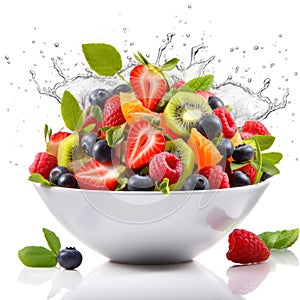 Fresh ingredients for Greek salad falling into bowl on white background