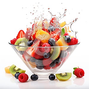 Fresh ingredients for Greek salad falling into bowl on white background