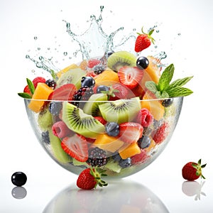 Fresh ingredients for Greek salad falling into bowl on white background