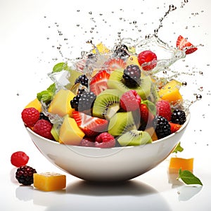 Fresh ingredients for Greek salad falling into bowl on white background