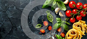 Fresh ingredients of Italian cuisine on black textured stoneware plate