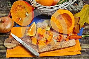 Fresh ingredients for pumpkin soep with apple, orange, carrot an
