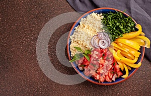 Fresh ingredients for salad with couscous. Healthy, vegeterian h