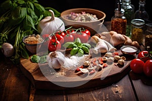 fresh ingredients on a wooden table for homemade pizza