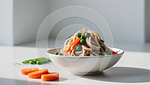 Fresh Instant Soba Noodles with Peas and Carrots. photo