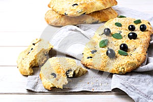Fresh Italian bread with olive, garlic and herbs