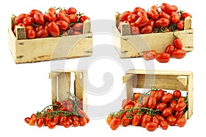 Fresh italian cherry tomatoes on the vine in a wooden crate