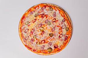 fresh italian classic original pepperoni pizza isolated on white background.
