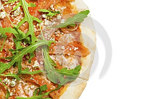 Fresh italian classic original pizza with salmon and arugula isolated on white background. Flat lay, top view