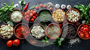 Fresh Italian Pizza Ingredients on Black Table for Cooking and Recipe Preparation