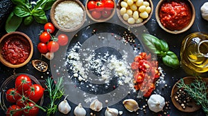 Fresh Italian Pizza Ingredients on Black Table for Cooking and Recipe Preparation