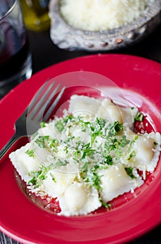 Fresh italian ravioli in red dish photo