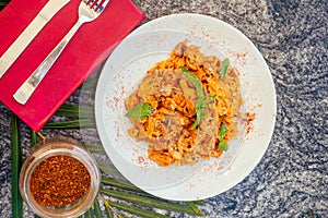 Fresh italy pasta on the plate foodphoto top above view photo