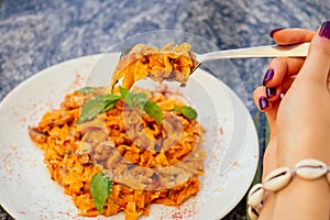 Fresh italy pasta on the plate foodphoto top above view tropical ctyle photo