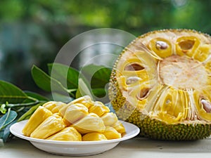 Fresh Jackfruit in white dish, half of jack fruit and jackfruit