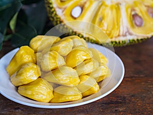 Fresh Jackfruit in white dish, half of jack fruit and jackfruit